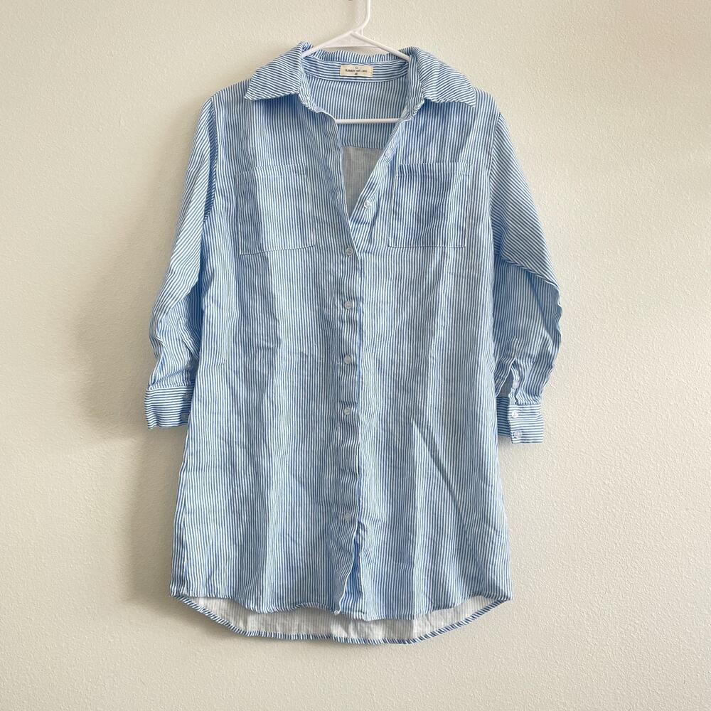 Summery‎ The Label Tunic Linen Button Down Shirt Blue Striped Classic Resort
